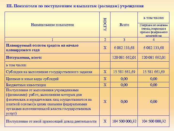 III. Показатели по поступлениям и выплатам (расходам) учреждения 1 Планируемый остаток средств на начало