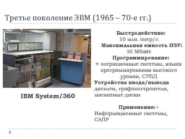 Третье поколение ЭВМ (1965 – 70 -е гг. ) IBM System/360 Быстродействие: 10 млн.