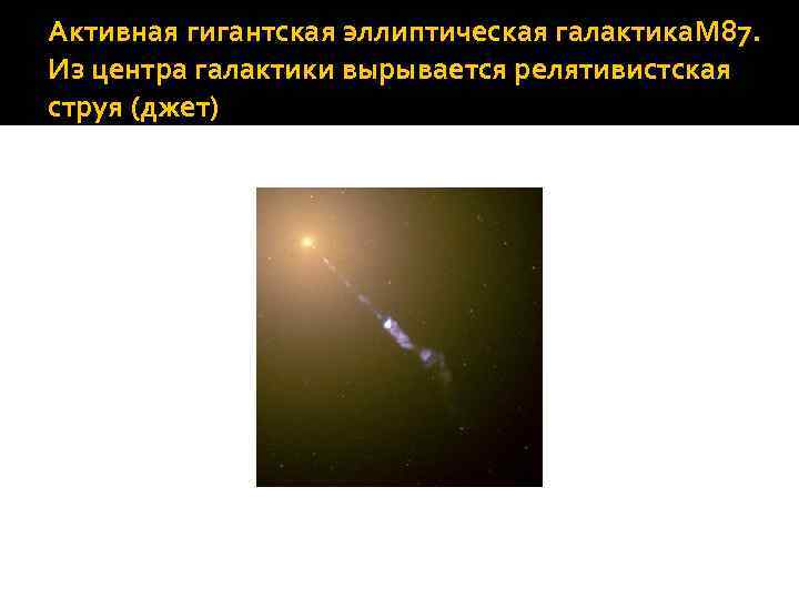 Активная гигантская эллиптическая галактика. M 87. Из центра галактики вырывается релятивистская струя (джет) 