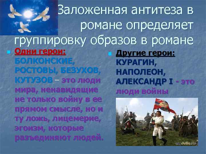 Заложенная антитеза в романе определяет группировку образов в романе n Одни герои: БОЛКОНСКИЕ, РОСТОВЫ,