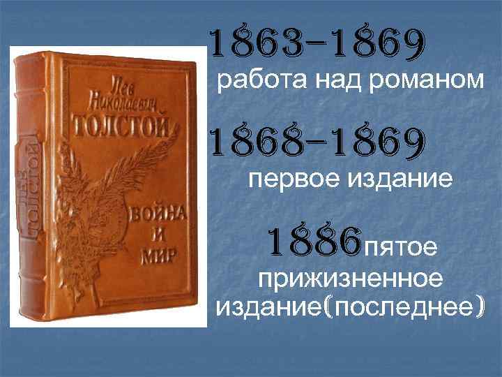 1863– 1869 работа над романом 1868– 1869 первое издание 1886 пятое прижизненное издание(последнее) 