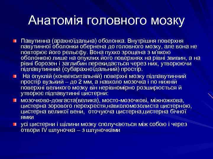 Анатомія головного мозку Павутинна (арахноїдальна) оболонка. Внутрішня поверхня павутинної оболонки обернена до головного мозку,