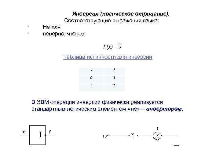  Инверсия (логическое отрицание). Соответствующие выражения языка: · Не «х» · неверно, что «х»