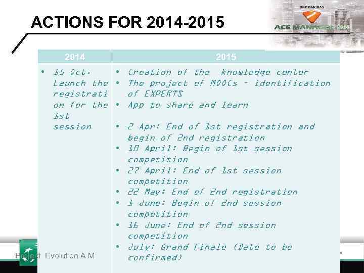 ACTIONS FOR 2014 -2015 2014 • 15 Oct. Launch the registrati on for the