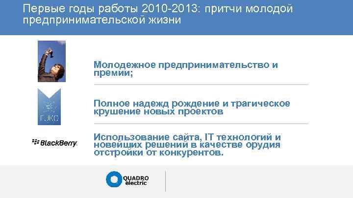 Первые годы работы 2010 -2013: притчи молодой предпринимательской жизни Молодежное предпринимательство и премии; Полное