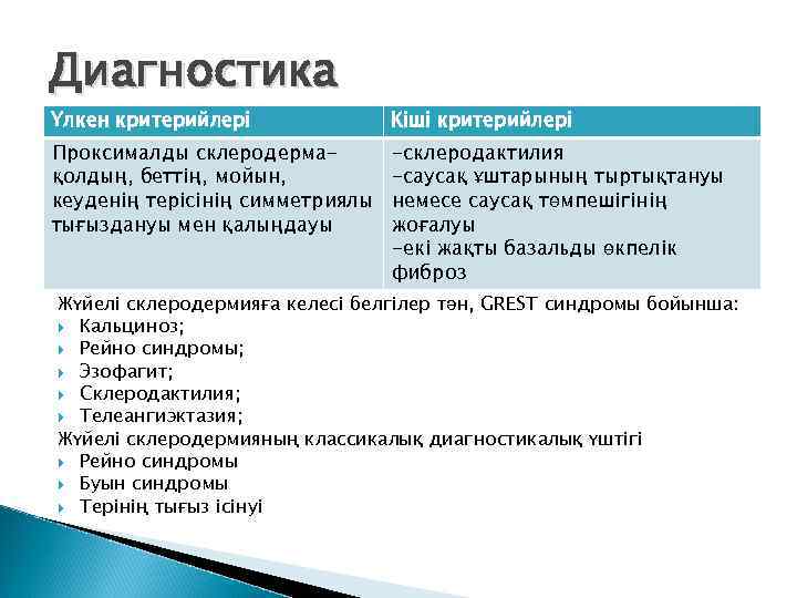 Диагностика Үлкен критерийлері Кіші критерийлері Проксималды склеродермақолдың, беттің, мойын, кеуденің терісінің симметриялы тығыздануы мен