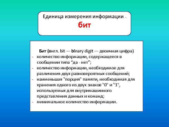 Единица измерения информации - бит - - Бит (англ. bit — binary digit —