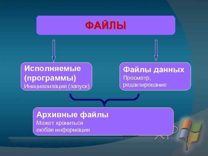 ФАЙЛЫ Исполняемые (программы) Инициализация (запуск) Архивные файлы Может храниться любая информация Файлы данных Просмотр,