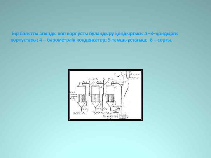 Бір бағытты ағынды көп корпусты буландыру қондырғысы. 1– 3–қондырғы корпустары; 4 – барометрлік конденсатор;