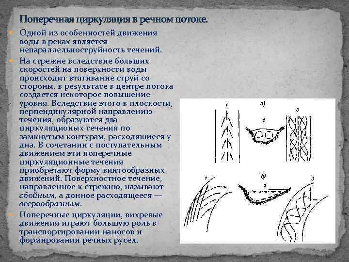 Поперечная циркуляция в речном потоке. Одной из особенностей движения воды в реках является непараллельноструйность