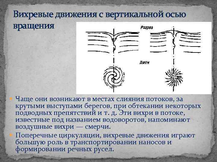 Вихревые движения с вертикальной осью вращения Чаще они возникают в местах слияния потоков, за