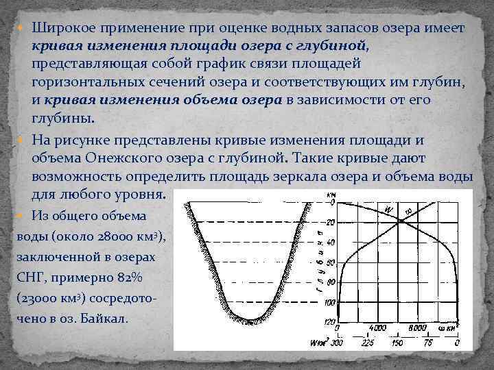  Широкое применение при оценке водных запасов озера имеет кривая изменения площади озера с