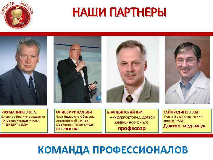 НАШИ ПАРТНЕРЫ РАХМАНИНОВ Ю. А. Директор Института академии РАН, вице-президент РАЕН ПРЕЗИДЕНТ «ВМЭ» ОЛИВЕР