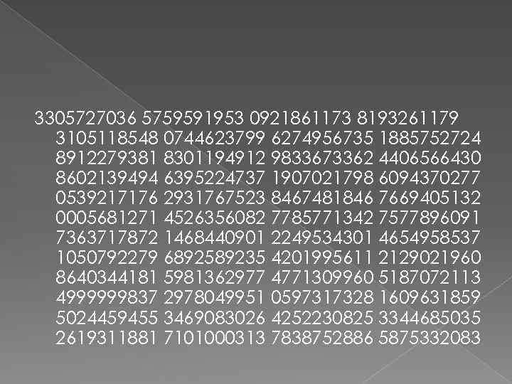3305727036 5759591953 0921861173 8193261179 3105118548 0744623799 6274956735 1885752724 8912279381 8301194912 9833673362 4406566430 8602139494 6395224737