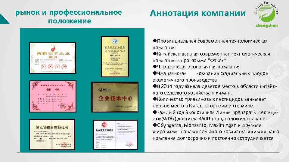 рынок и профессиональное положение Аннотация компании l. Провинциальная современная технологическая компания l. Китайская важная