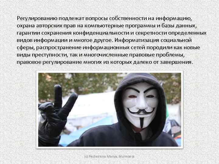 Регулированию подлежат вопросы собственности на информацию, охрана авторских прав на компьютерные программы и базы