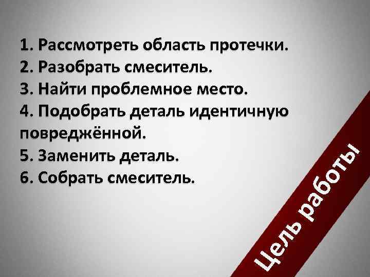 Це ль ра бо ты 1. Рассмотреть область протечки. 2. Разобрать смеситель. 3. Найти