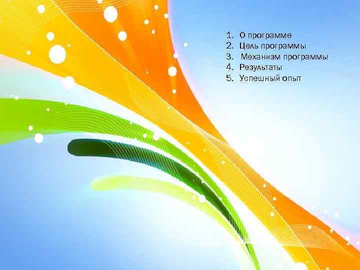 1. 2. 3. 4. 5. О программе Цель программы Механизм программы Результаты Успешный опыт