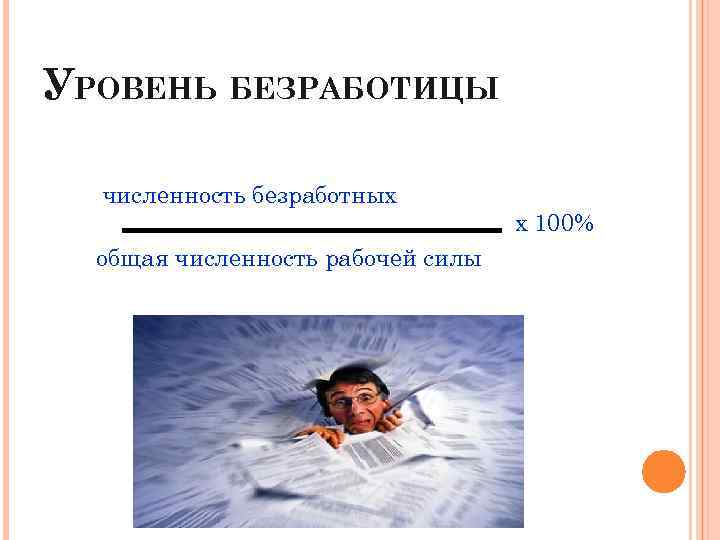 УРОВЕНЬ БЕЗРАБОТИЦЫ численность безработных общая численность рабочей силы х 100% 