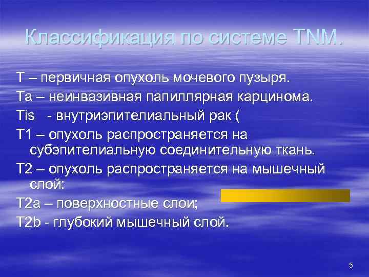 Классификация по системе TNM. T – первичная опухоль мочевого пузыря. Та – неинвазивная папиллярная