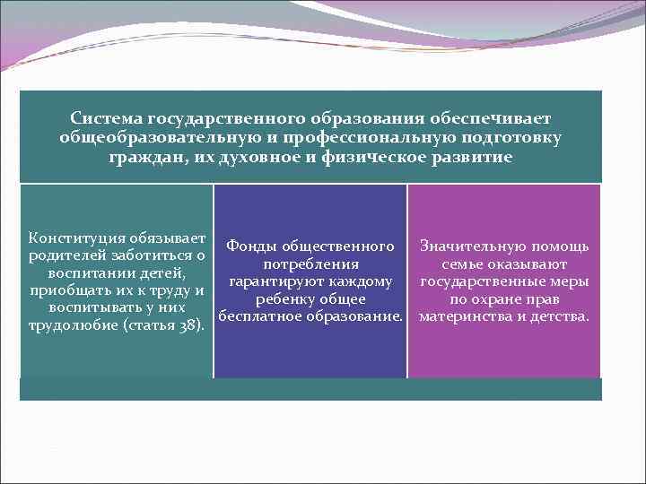 Система государственного образования обеспечивает общеобразовательную и профессиональную подготовку граждан, их духовное и физическое развитие