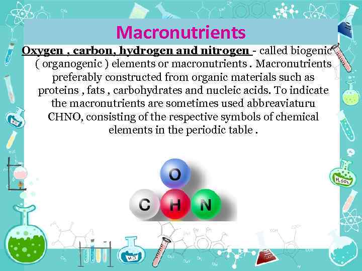 Macronutrients Oxygen , carbon, hydrogen and nitrogen - called biogenic ( organogenic ) elements