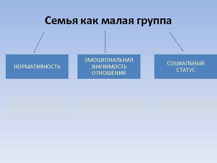 Семья как малая группа НОРМАТИВНОСТЬ ЭМОЦИОНАЛЬНАЯ ЗНАЧИМОСТЬ ОТНОШЕНИЙ СОЦИАЛЬНЫЙ СТАТУС 