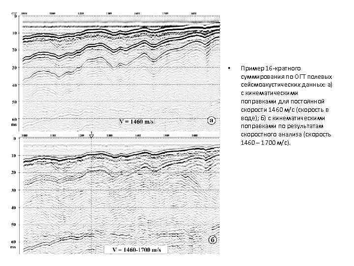  • Пример 16 кратного суммирования по ОГТ полевых сейсмоакустических данных: а) с кинематическими