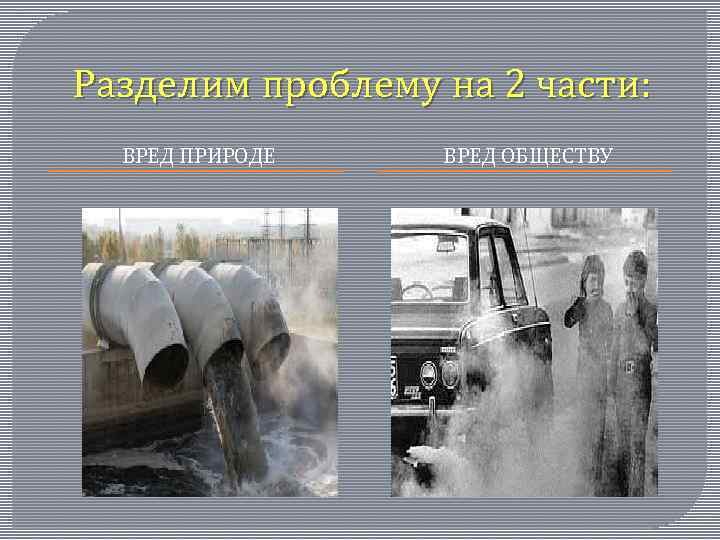 Разделим проблему на 2 части: ВРЕД ПРИРОДЕ ВРЕД ОБЩЕСТВУ 