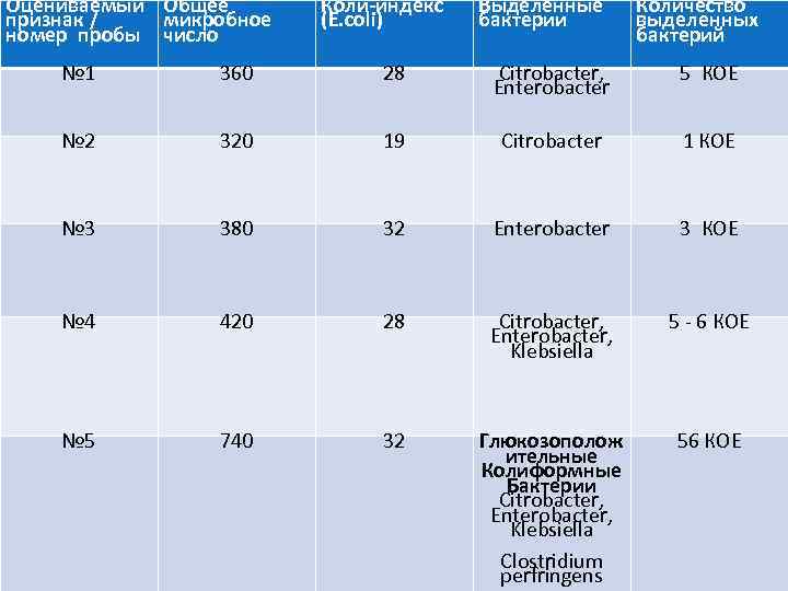 Оцениваемый Общее признак / микробное номер пробы число Коли-индекс (Е. coli) Выделенные бактерии Количество