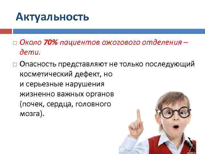 Актуальность Около 70% пациентов ожогового отделения – дети. Опасность представляют не только последующий косметический