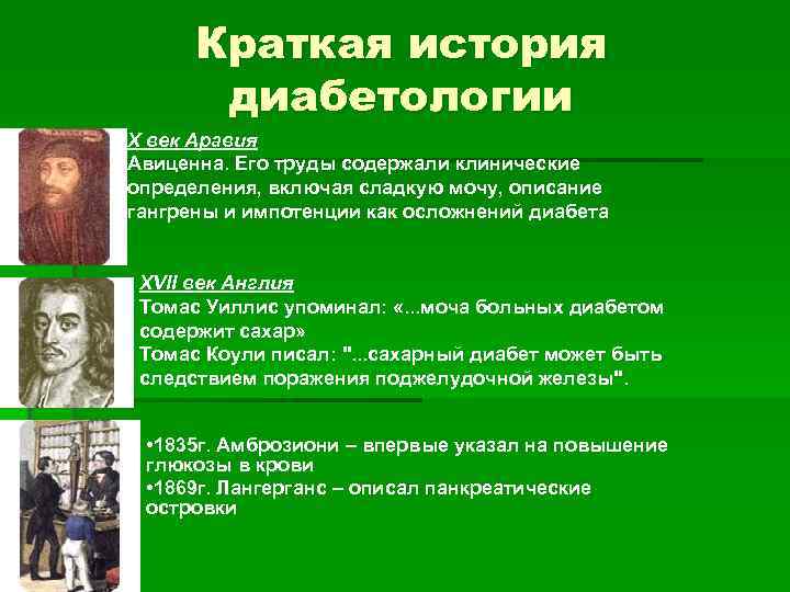 Краткая история диабетологии X век Аравия Авиценна. Его труды содержали клинические определения, включая сладкую