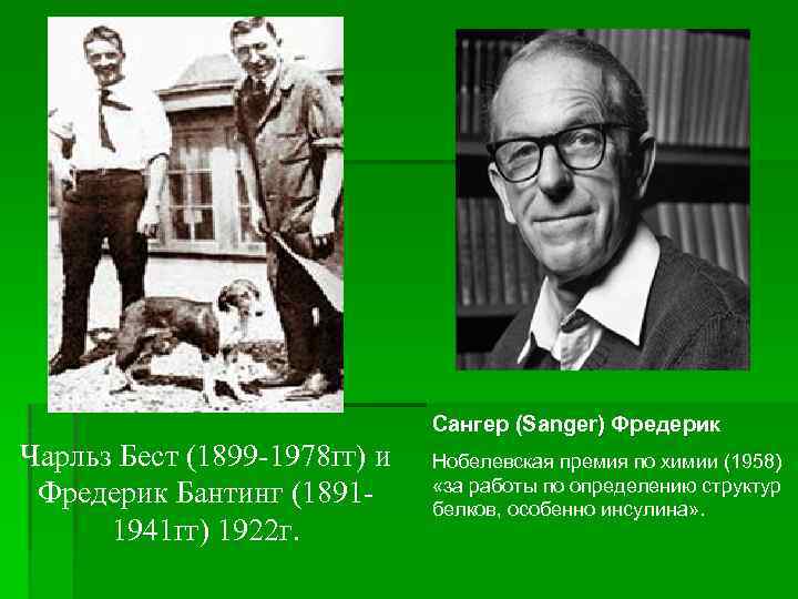 Сангер (Sanger) Фредерик Чарльз Бест (1899 -1978 гг) и Фредерик Бантинг (18911941 гг) 1922