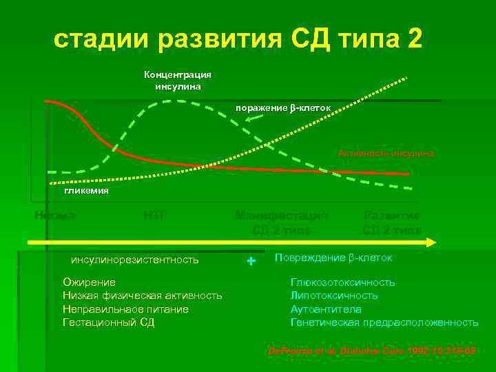 стадии развития СД типа 2 Концентрация инсулина поражение -клеток Активность инсулина гликемия Норма НТГ