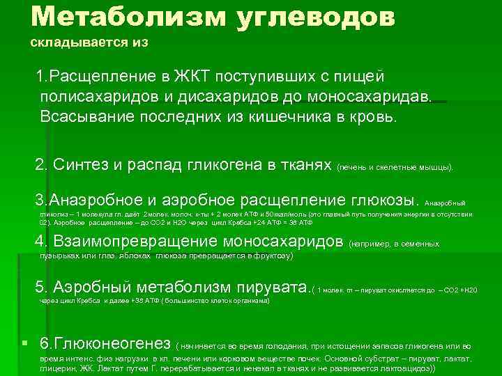 Метаболизм углеводов складывается из 1. Расщепление в ЖКТ поступивших с пищей полисахаридов и дисахаридов