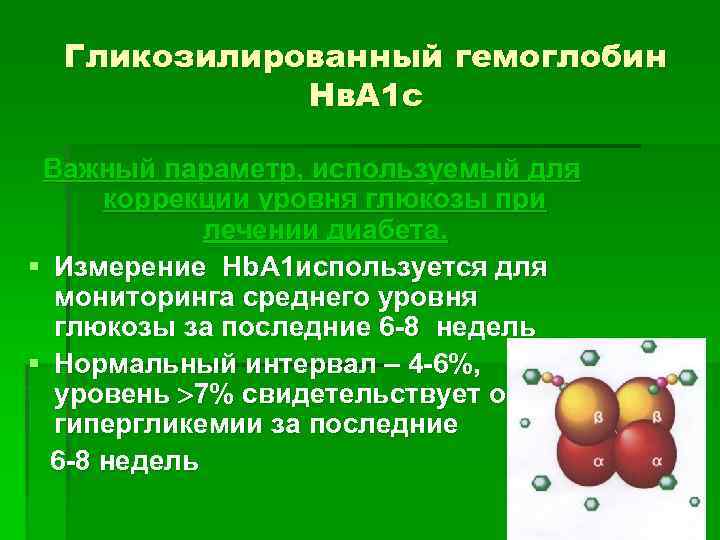 Гликозилированный гемоглобин Нв. А 1 с Важный параметр, используемый для коррекции уровня глюкозы при