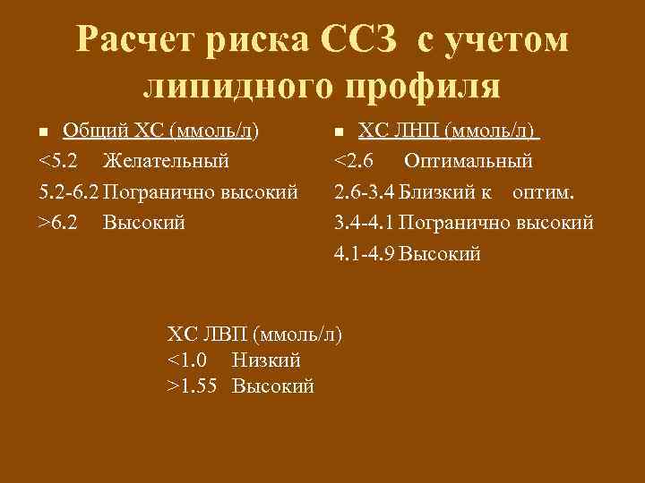 Расчет риска ССЗ с учетом липидного профиля Общий ХС (ммоль/л) <5. 2 Желательный 5.