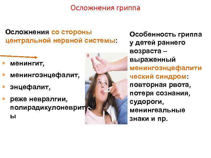 Осложнения гриппа Осложнения со стороны центральной нервной системы: менингит, менингоэнцефалит, реже невралгии, полирадикулоневрит ы