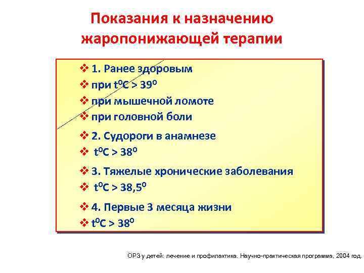 Показания к назначению жаропонижающей терапии 1. Ранее здоровым при t 0 C > 390