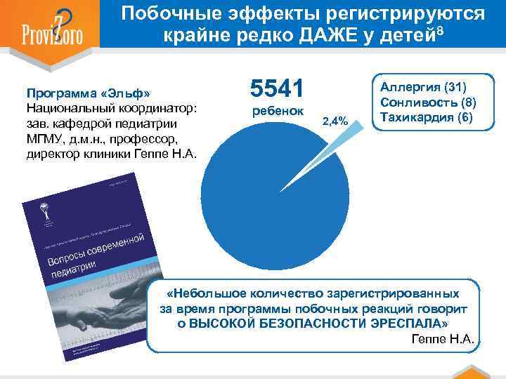 Побочные эффекты регистрируются крайне редко ДАЖЕ у детей 8 Программа «Эльф» Национальный координатор: зав.