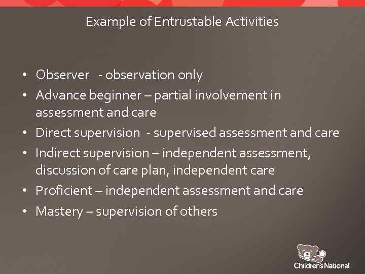 Example of Entrustable Activities • Observer - observation only • Advance beginner – partial