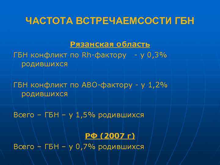 ЧАСТОТА ВСТРЕЧАЕМСОСТИ ГБН Рязанская область ГБН конфликт по Rh-фактору - у 0, 3% родившихся