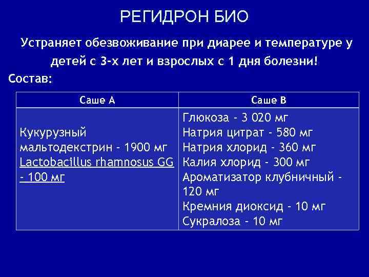 РЕГИДРОН БИО Устраняет обезвоживание при диарее и температуре у детей с 3 -х лет