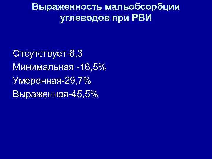Выраженность мальобсорбции углеводов при РВИ Отсутствует-8, 3 Минимальная -16, 5% Умеренная-29, 7% Выраженная-45, 5%