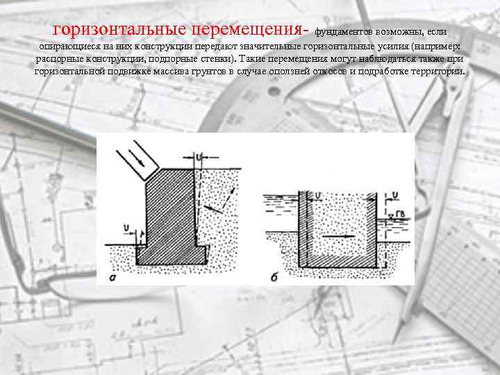 горизонтальные перемещения- фундаментов возможны, если опирающиеся на них конструкции передают значительные горизонтальные усилия (например: