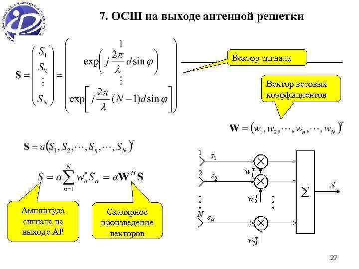 7. ОСШ на выходе антенной решетки Вектор сигнала Вектор весовых коэффициентов Амплитуда сигнала на
