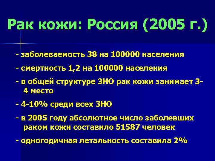 Рак кожи: Россия (2005 г. ) - заболеваемость 38 на 100000 населения - смертность