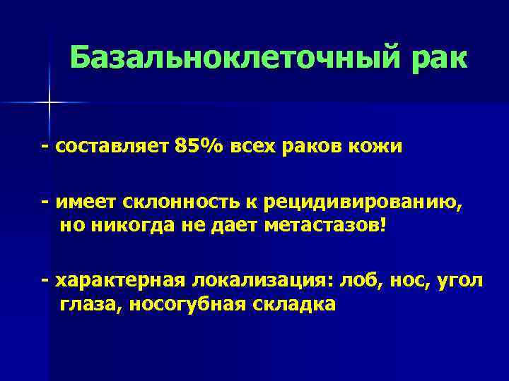Базальноклеточный рак - составляет 85% всех раков кожи - имеет склонность к рецидивированию, но