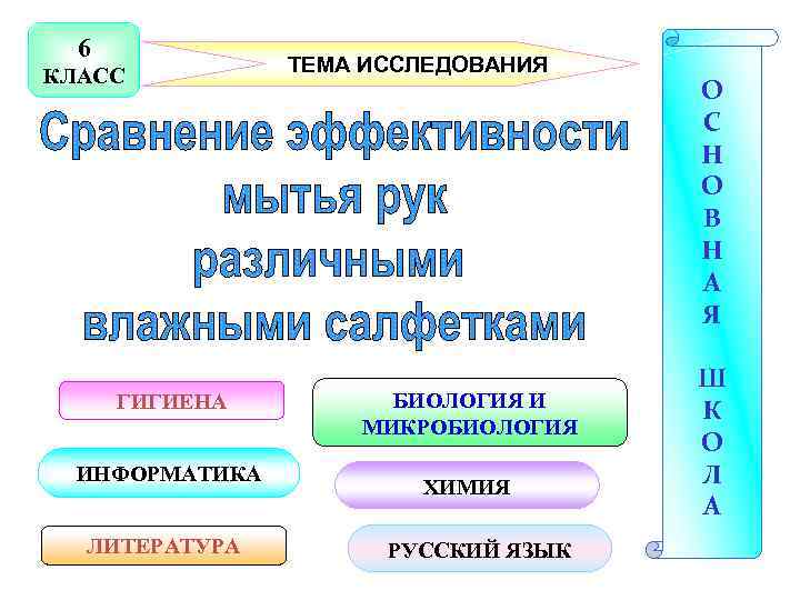 6 КЛАСС ТЕМА ИССЛЕДОВАНИЯ ГИГИЕНА ИНФОРМАТИКА ЛИТЕРАТУРА БИОЛОГИЯ И МИКРОБИОЛОГИЯ ХИМИЯ РУССКИЙ ЯЗЫК О