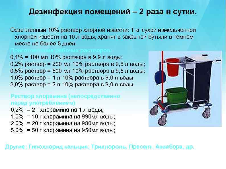 Дезинфекция помещений – 2 раза в сутки. Осветленный 10% раствор хлорной извести: 1 кг